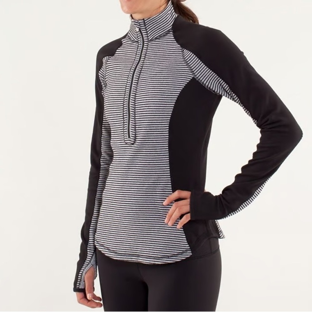 Lululemon Run U-Turn Pullover 1/2‎ Zip Mini Check Pique Stripe Black White READ*